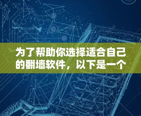 为了帮助你选择适合自己的翻墙软件，以下是一个综合考虑的因素和推荐步骤